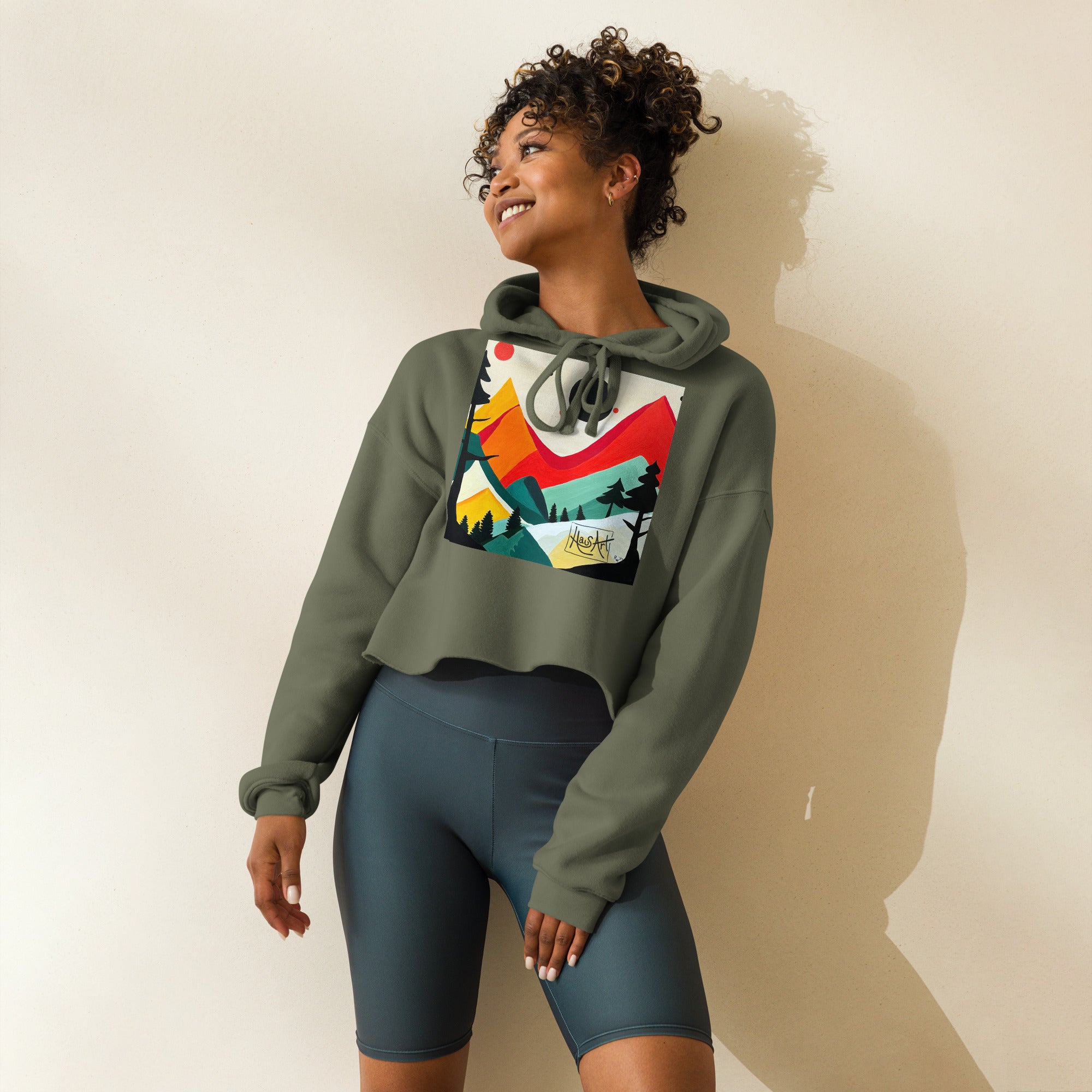 Crop Hoodie-Military Green-S-HausArt-Salida Colorado Custom Mountain Hoodie
